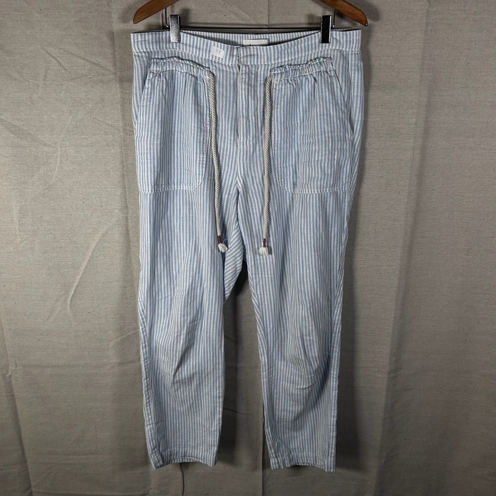 Anthropologie Blue White Striped Linen Blend Drawstring Pants Womens Medium - Picture 1 of 7